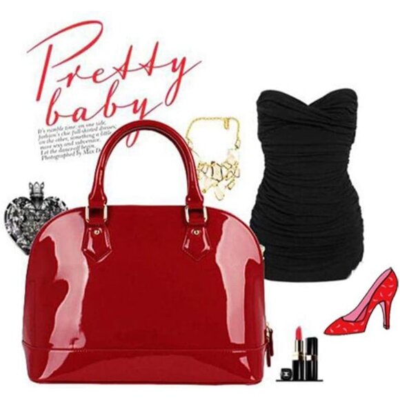 Patent Leather Dome Satchel Purse Black Large Zipper Shoulder Handbag with Multi - Picture 4 of 7